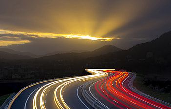 Cities, Mountains, Night, Road, Turn, Glow HD wallpaper