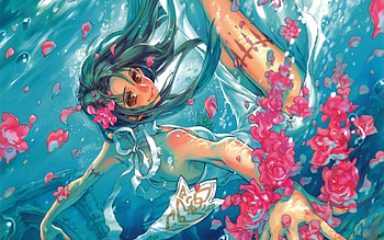 Enjoy and relax, awesome, cute, red eyes, long hair, dress, beauty, nice, magical, underwater, game, water, female, sweet, magic, smile, temple, beautiful, anime girl, anime, fantasy, pretty, cool, green hair, flowers, princess, dream HD wallpaper