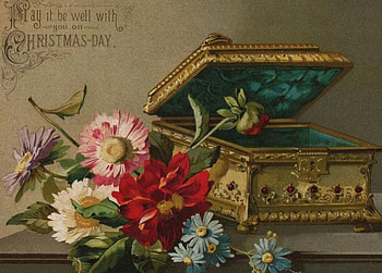 sentimental memories, old, music box, antique christmas card, sentimental, flowers, greetings HD wallpaper
