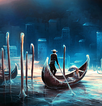 Rivers, Art, Ice, Night, Gondola HD phone wallpaper