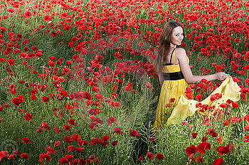 Smiling young girl with yellow scarf, yellow, red, flowers, girl, scarf, dress HD wallpaper