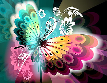 Colourfly, wings, butterfly, pinks, bright, flowers, colourful, greens HD wallpaper