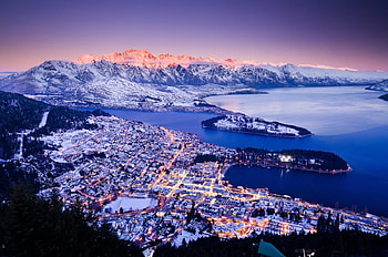 Queenstown, New Zealand, winter, sea, snow, sunset, evening HD wallpaper