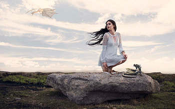 Fantasy Model and her Dragons, outdoors, dragons, model, brunette, dress, rock HD wallpaper