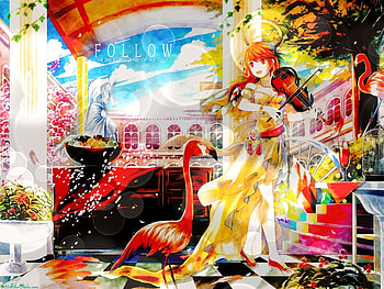 Follow, animal, colorful, viola, cute, music instrument, dress, beauty, scenery, scenic, cloud, female, sexy, sweet, flamingo, scene, bird, color, house, hot, girl, beautiful, multicolor, anime girl, anime, pretty, porch, building, sky HD wallpaper