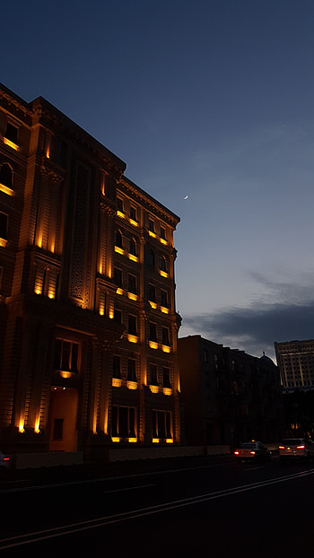 Azerbaijan Baku, sky, moon, blue, city, night, building HD phone wallpaper