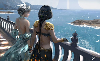 Sea, blue, art, girl, elf, woman, fantasy, wlop, couple, luminos, princess, water HD wallpaper