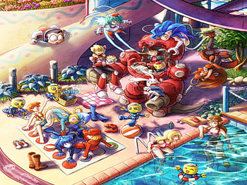 the big cross over, pokem, mega man, robot, nintendo, furry, street fighters, cammy white, misty, swim suit, felicia, guilty gear, zelda, capcom, pool, twister HD wallpaper