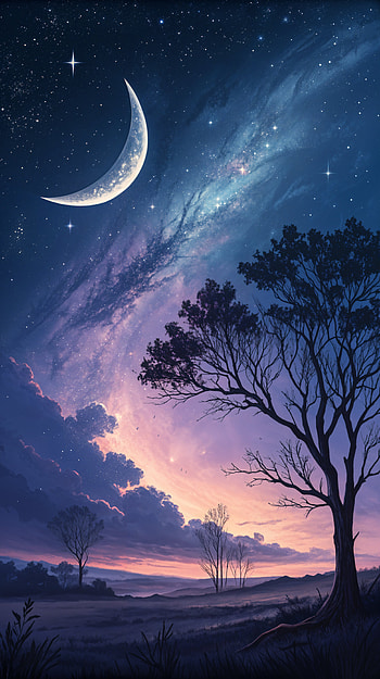 Celestial Embrace: New Moon , Night Sky, moon, tree, landscape HD phone wallpaper