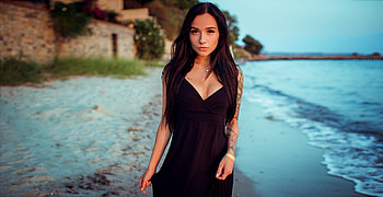 Black dress, pretty, seashore, girl model HD wallpaper