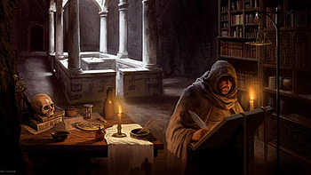 medieval gothic library, gothic, man, skull, medieval, library HD wallpaper
