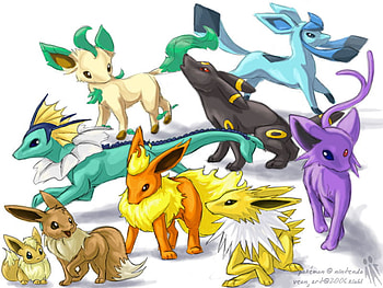 eevee eveloutions, glaceon, umbreon, espeon, eevee, eveloutions, jolteon, flareon, vaporeon, pokemon, leafeon HD wallpaper
