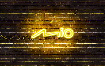 Mio yellow logo, , yellow brickwall, Mio logo, brands, Mio neon logo, Mio HD wallpaper