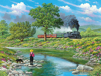 Around the Bend, dog, creek, painting, trees, train, steam, child HD wallpaper