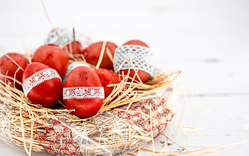 Happy Easter!, egg, card, easter, red, nest HD wallpaper