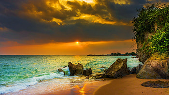 Tropical Beach Of The Philippines, sunset, pacific, clouds, colors, sky, rocks, ocean HD wallpaper