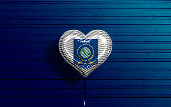 I Love Bangka Belitung Islands, , realistic balloons, blue wooden background, Day of Bangka Belitung Islands, indonesian provinces, flag of Bangka Belitung Islands, Indonesia, balloon with flag, Provinces of Indonesia, Bangka Belitung Islands flag HD wallpaper