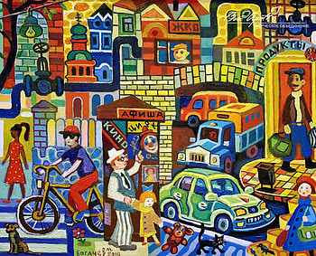 Богачев Михаил, Городской день, abstract, painting, art, car, church, people, village HD wallpaper