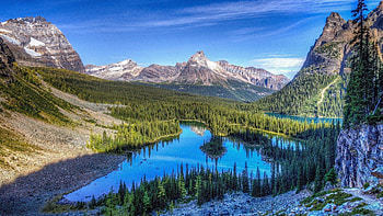 Nature, Trees, Grass, Mountains, Lake HD wallpaper