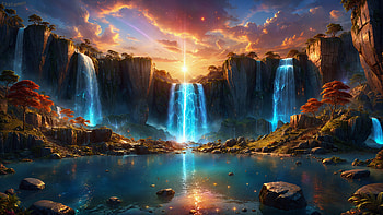 AI Sunrise Waterfall Landscape, waterfall, sunrise, landscape, AI Art HD wallpaper
