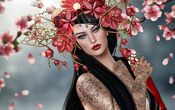 ✽, Girl, Brunette, Tattoo, Flowers, Rendering, Wreath HD wallpaper