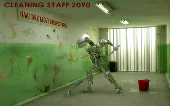 Cleaner of the future, mop, walls, sign, lights, bucket, water HD wallpaper