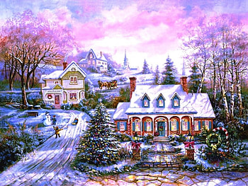 Countryside Winter, artwork, painting, snow, christmas, trees, garden, road, houses HD wallpaper