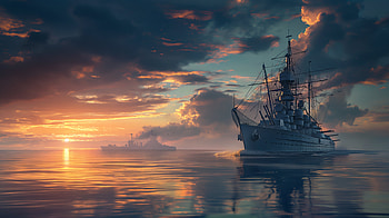 Dusk Sentinel: Majestic Warship on the Serene Sea, warship, sea, dusk HD wallpaper