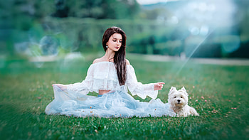 Woman With White Dog On Grass, girls, model, white, dog, graphy HD wallpaper