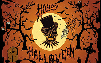 HAPPY HALLOWEEN, ground, skeleton, back, black, banner, orange, bats HD wallpaper