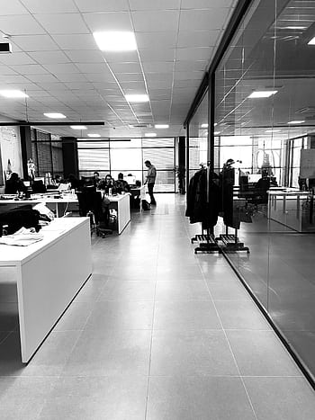 Black and white of a modern office with glass walls and busy professionals working collaboratively. HD phone wallpaper
