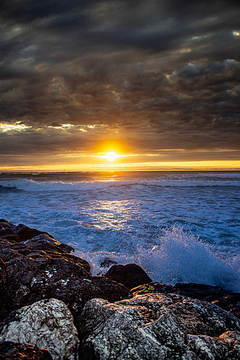 Nature, Sunset, Sea, Waves, Rocks, Spray HD phone wallpaper