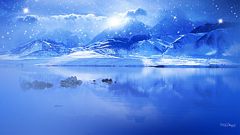 Blue Winter, blue, winter, firefox persona, moujntains, stars, rocks, reflection, sun shine, clouds, sky, water, ice HD wallpaper