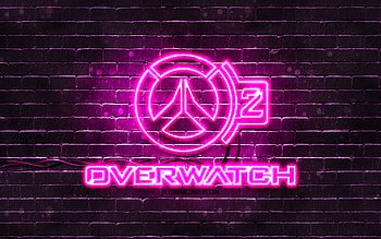 Overwatch 2 purple logo, , purple brickwall, Overwatch 2 logo, games brands, Overwatch 2 neon logo, Overwatch 2 HD wallpaper