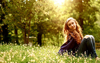 In nature, sunshine, curly hair, cute, lovely girl, grass, face, trees, stare, nature, flowers, sun HD wallpaper