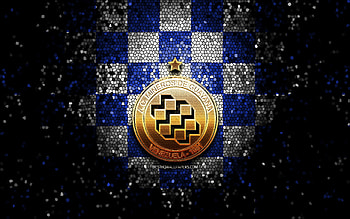 Mineros Guayana FC, glitter logo, La Liga FutVe, blue black checkered background, soccer, Venezuelan football club, AC Mineros de Guayana logo, mosaic art, football, Venezuelan Primera Division, AC Mineros de Guayana HD wallpaper