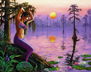 Sundown at the Sea, sea, trees, water, sun, mermaid HD wallpaper