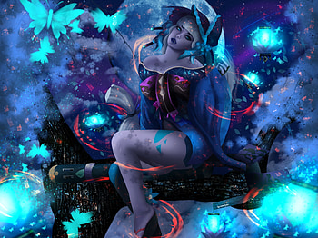 Aoandon, blue, girl, onmyouji, pink, butterfly, fantasy, luminos, jason artistry HD wallpaper