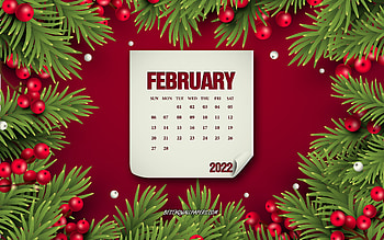 2022 february calendar, red christmas background, february, 2022 concepts, 2022 winter calendars, february 2022 calendar HD wallpaper