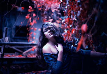 leafages, sexy, model, graphy, girl, leaves, pretty, red, lovely, female HD wallpaper