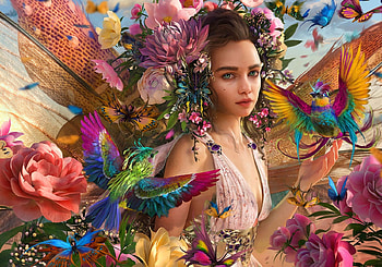 Fairy, parrot, colorful, frumusete, bird, fantasy, girl HD wallpaper