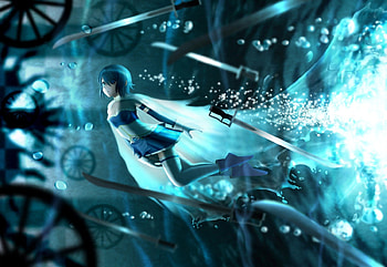 UnderWater, glow, cute, miki sayaka, sayaka, 3d, cg, , water, female, sexy, sword, hot, girl, magical girl, armor, blade, anime girl, anime, fantasy, light, weapon, miki, realistic HD wallpaper