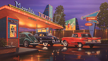 Moonlite Theatre, city, cars, artwork, painting, movies, street HD wallpaper