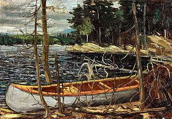 The Canoe F, boat, canoe, art, landscape, beautiful, illustration, lake, artwork, scenery, wide screen, painting, water HD wallpaper