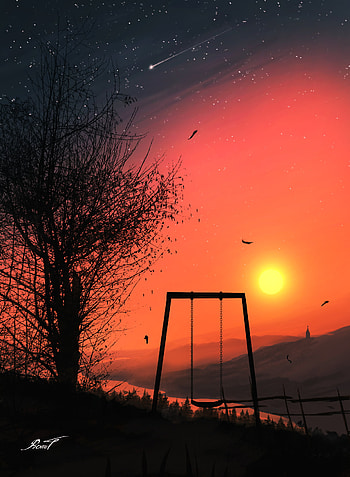 Sunset, Art, Sun, Branches, Swing HD phone wallpaper