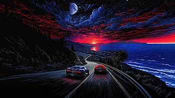 Midnight Ocean Chase Sports Cars, ocean, sports, cars, sea, road, artist, artwork, art, digital-art, ai, deviantart HD wallpaper