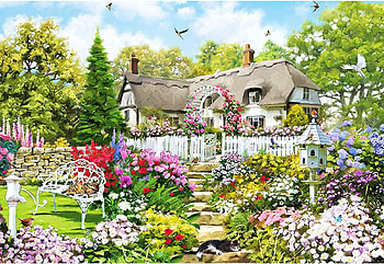 Country Cottage, house, artwork, bench, painting, garden, trees, flowers HD wallpaper