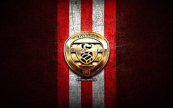 Kisvarda FC, golden logo, OTP Bank Liga, red metal background, football, hungarian football club, Kisvarda FC logo, Hungary HD wallpaper