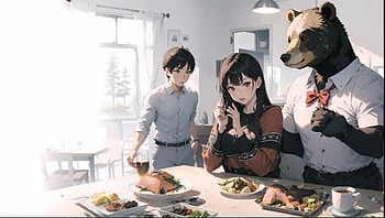 bear, meal, salmon, Anime HD wallpaper