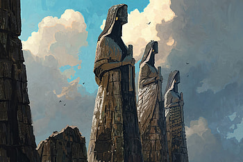 Valley of Sisters, oil painting, fantasy, statue HD wallpaper